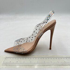 FSJ Nude Clear Rhinestone Slingback Open Toe Sandals High Stiletto Heels Shoes